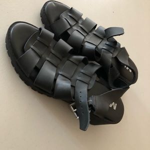 black leather wedges